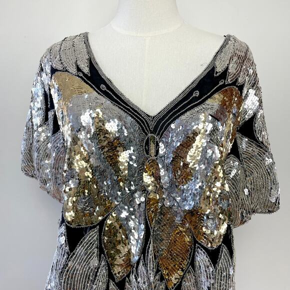Vintage 80s Silver Gold Sequin Butterfly Silk Top Sz L NYE Glam Party Statement - Picture 2 of 9